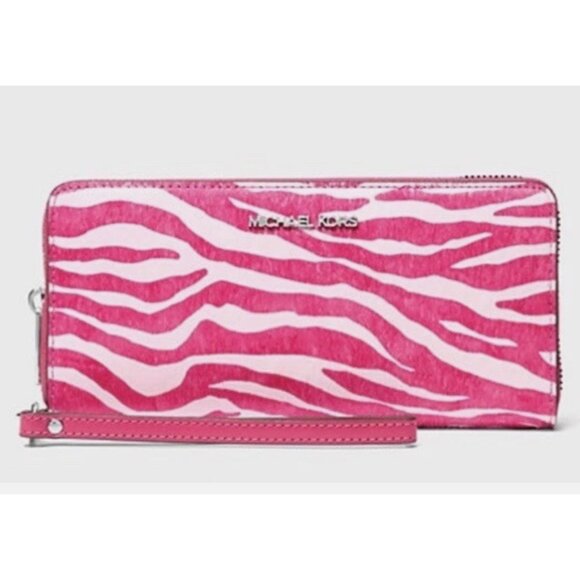New Michael Kors Jet Set Travel Zebra Calf Hair Continental Wallet Dragonfruit - Picture 1 of 2